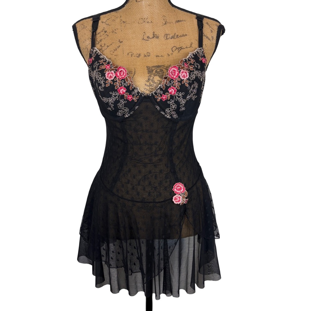 Enchanted Black Floral Embroidered Polka Dot Mesh Babydoll Chemise Size Medium